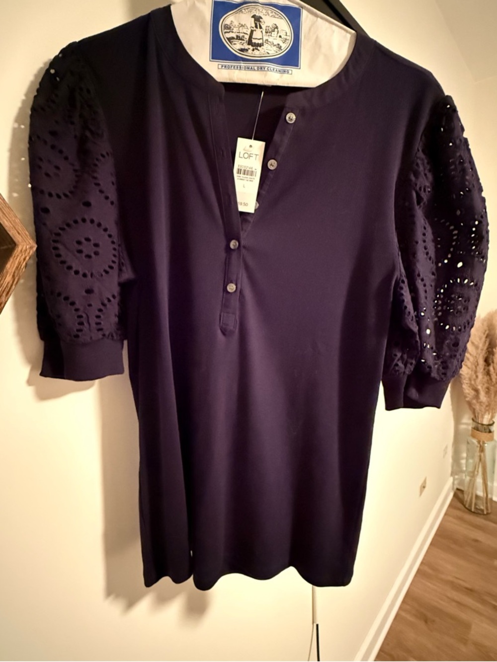 LOFT Navy Eyelet Puff Sleeve Henley Tunic